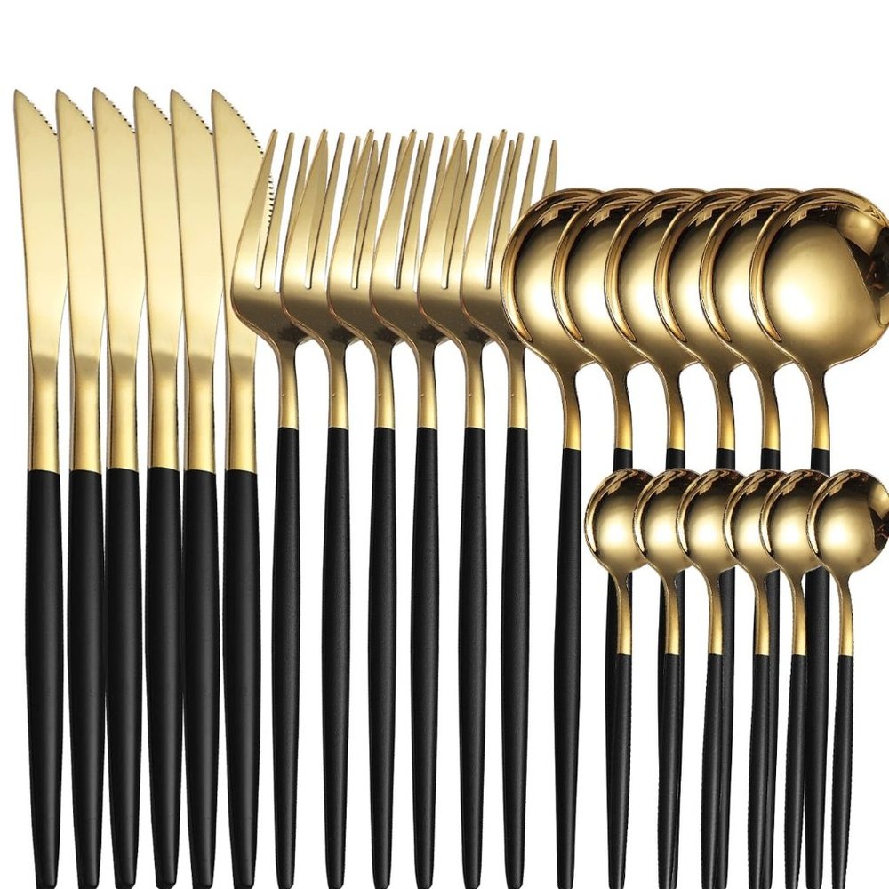 New 24 Piece Stainless Steel Cutlery Set Black Gold - Picture 1 of 7